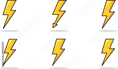 Yellow Lightning Bolt Icon Set with Electric Energy and Power Symbols for Warning Signs, Speed Effects, Charging Indicators, and Dynamic Graphic Design