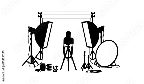 Photo Studio Equipment Set with Camera, Tripod and Softbox Lights Vector