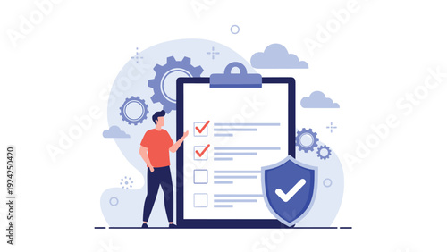 Concept illustration of safety and compliance showing a man standing next to a large checklist and a blue shield with a checkmark.
