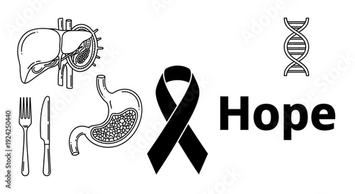 Stomach and liver cancer awareness icons set for medical healthcare education with hope text and dna symbols