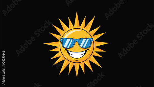 Fun cartoon illustration of a bright yellow smiling sun wearing cool blue sunglasses against a solid black background space.