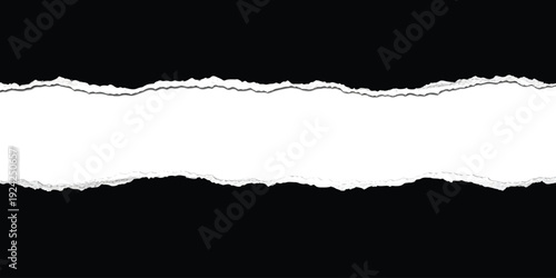 A high-contrast graphic image showcasing a horizontal white gap with jagged, torn paper edges between solid black areas.