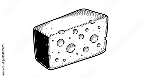 Swiss cheese block with holes isolated on white background hand drawn vintage style engraving illustration