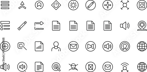 Minimal Digital Interface and Utility Icon Set with Menu, File, Search, Sound, User, and Navigation Symbols for Web and App Design Systems
