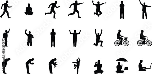 Diverse Human Activity Silhouette Megapack: People Walking, Running, Cycling, Working, and Expressing Emotions