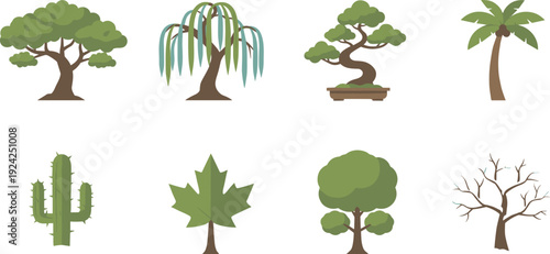 Diverse Tree and Leaf Illustration Set: Flat Vector Icons of Bonsai, Palm, Willow, Maple Leaf, and Cactus