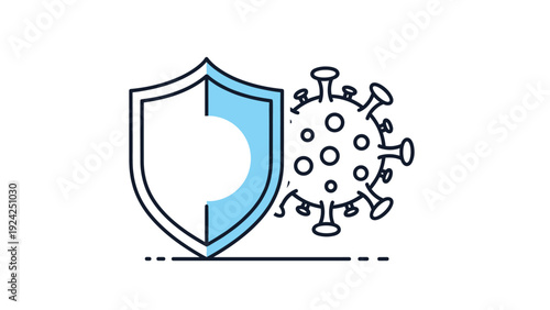 Healthcare and prevention concept showing a medical shield symbol protecting against a large coronavirus or bacteria icon.