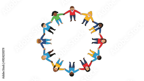 Small group of diverse people holding hands and standing in a circle around an empty white space symbolizing cooperation and unity.