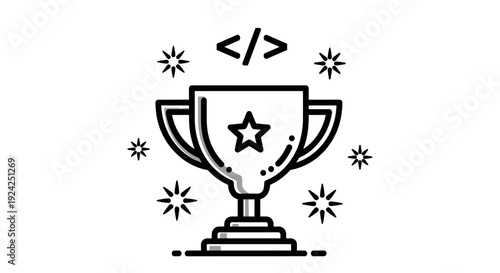 Trophy award with coding symbol and stars black and white linear icon for software development achievement
