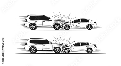 Two car collision vector illustration set, front crash impact, monochrome vehicle accident