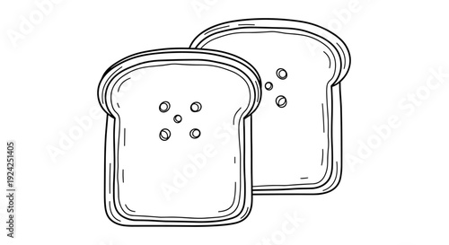 Two slices of toasted bread drawing with outlines on white background ready for breakfast design