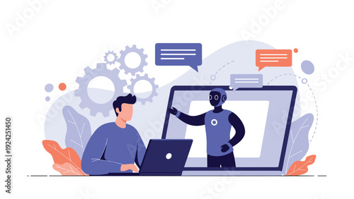 Modern technology concept showing a man at his laptop communicating with a helpful robot assistant shown on a large digital screen.