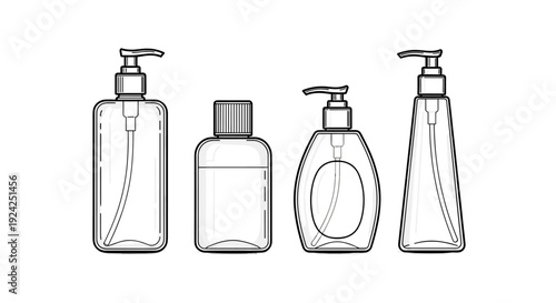 Various empty transparent pump bottles and dispenser containers vector illustrations for liquid soap and lotion