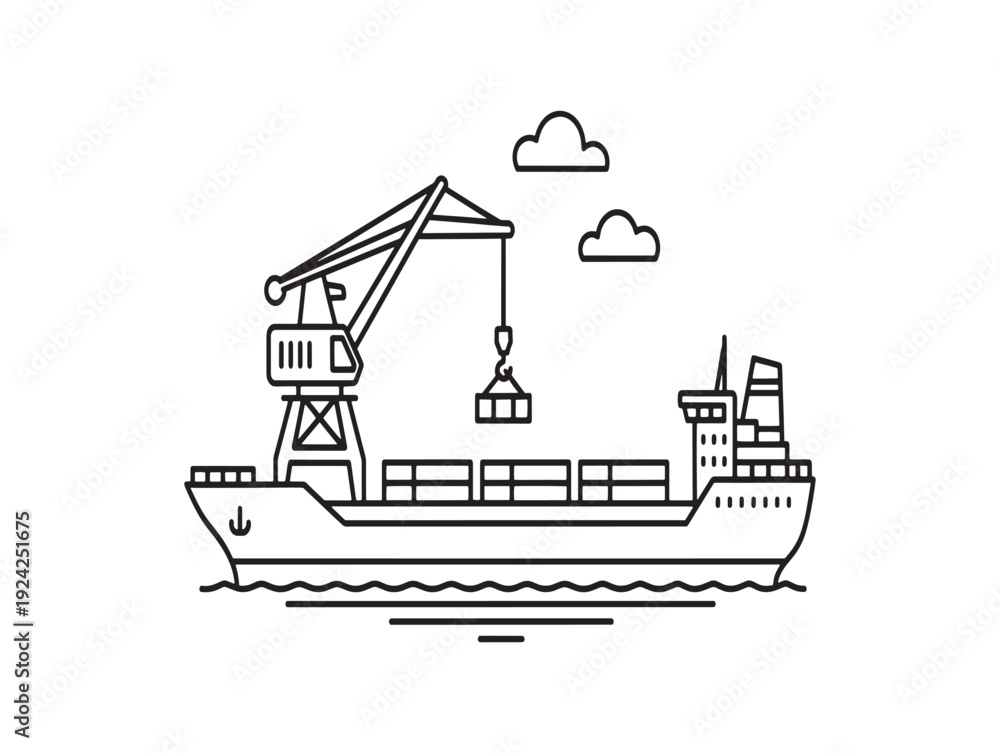 Fototapeta premium A cargo ship with a crane lifting a container on a sunny day with clouds