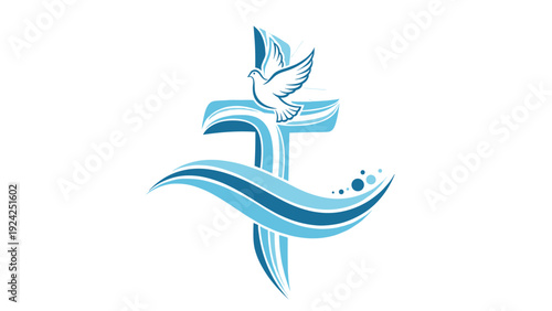 Christian cross illustration featuring a white dove of peace at the top and flowing blue water waves crossing the middle bar.