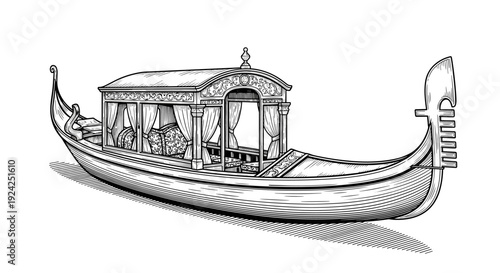 Venetian gondola boat covered seating vintage illustration sketch engraving