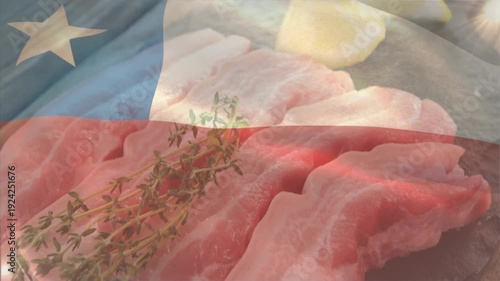 Flag overlay rippling, frame shifting, pork slices revealing thyme and lemon, highlighting texture