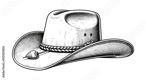 Vintage cowboy hat illustration with stippling texture and braided leather band on white background isolated