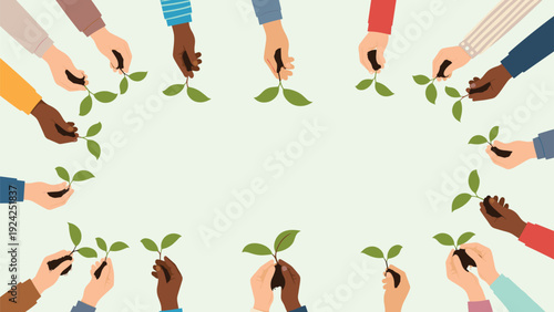 Multiracial group of people hands holding small green seedlings and soil in a circle for environmental protection.