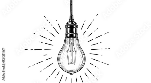 Vintage light bulb illustration, symbol of inspiration and creativity, with rays emanating outwards, black and white drawing