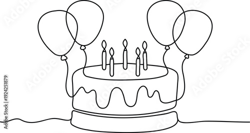 one line art  birthday cake drawing, birthday cake one line drawing in single line art style, continuous line drawing of birthday cake with candles and balloons, doodle sketch concept, editable stroke
