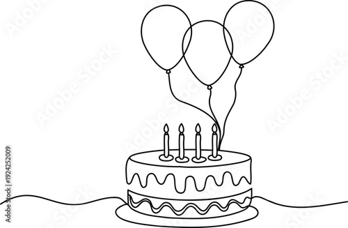 one line art  birthday cake drawing, birthday cake one line drawing in single line art style, continuous line drawing of birthday cake with candles and balloons, doodle sketch concept, editable stroke