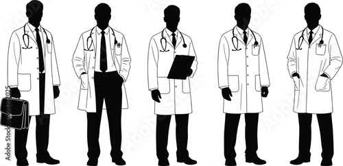 Doctor silhouettes collection, professional medical staff vector illustration set, healthcare physician poses with stethoscope and clipboard, hospital worker isolated on white background design