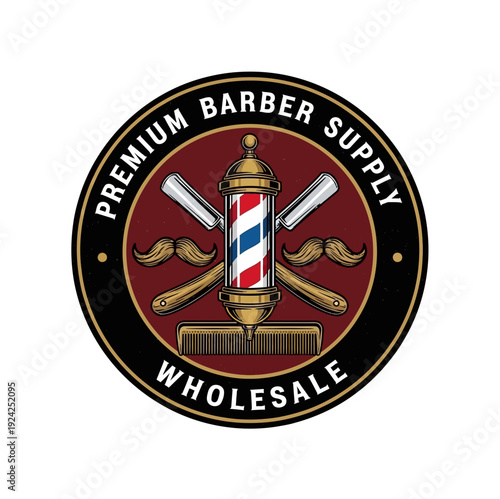 Barber Supply Wholesale Vintage Emblem with Pole and Razors