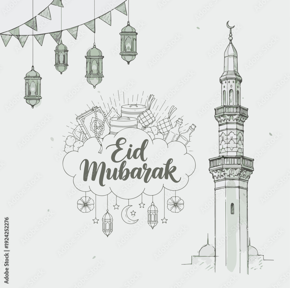Obraz premium Eid mubarak greeting card with hand drawn mosque minaret and decorative lanterns on light background.