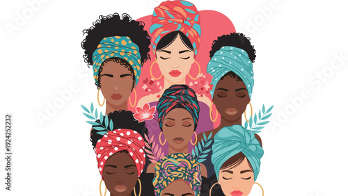 Beautiful diverse women with closed eyes wearing traditional colorful headwraps and turbans in a flat illustration.