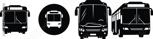 Set of city bus silhouettes including front view icons and public transport vehicles, black vector illustration isolated on white background