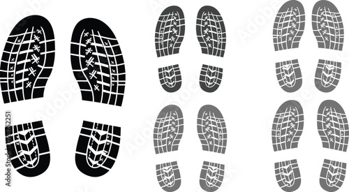 Shoe footprint silhouettes vector illustration set featuring boot tread marks, walking track symbols, black and gray isolated design elements collection