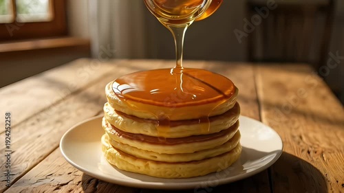 Wallpaper Mural Pouring sweet maple syrup over a delicious stack of morning breakfast pancake food Torontodigital.ca