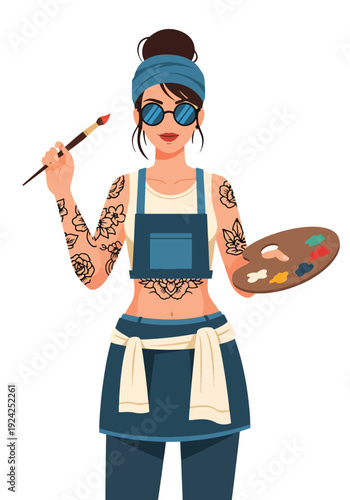 Flat vector illustration portrait of artistic tattooed woman holding paint palette and brush, creative female painter lifestyle character ideal for art studio, hobby, and profession themes