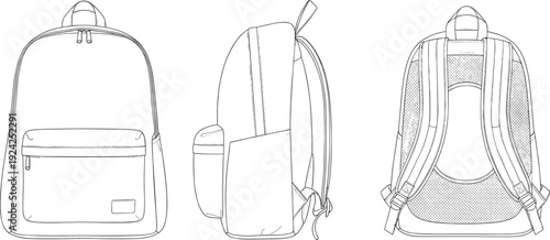 Backpack technical drawing front side and back view, detailed school bag outline vector mockup isolated on white background