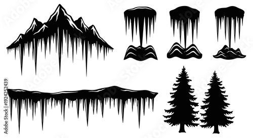 Winter landscape silhouette elements including mountains icicles and pine trees for seasonal outdoor decor