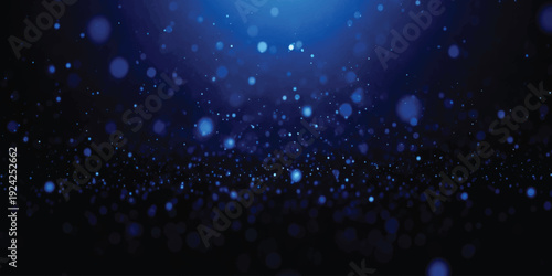 A dark blue abstract background with floating particles and bokeh light effects