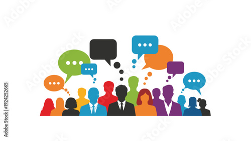 Silhouettes of diverse professionals with speech bubbles representing communication, ideas, and networking.