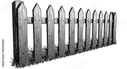 Wooden picket fence with grass, black and white sketch style over clean white background