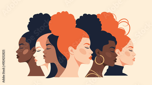 Profile view of diverse women with different hair styles and skin tones representing beauty and unity in diversity.
