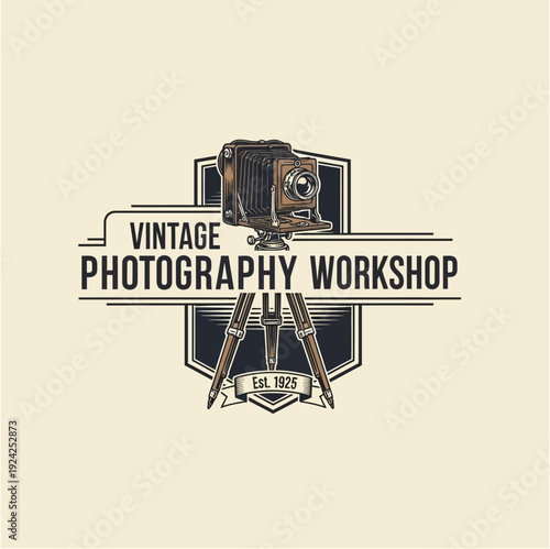 Vintage Photography Workshop Emblem with Antique Camera on Tripod