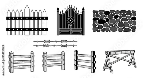 A diverse collection of various fence types including picket, ornate, stone, barbed wire, and wooden