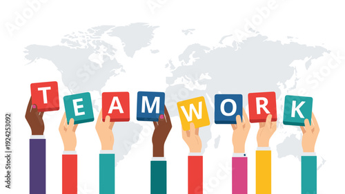 Diverse hands holding colorful letter blocks spelling teamwork over a light grey world map background illustration.