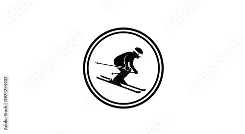 Silhouette of a downhill skier in action, depicted within a circular sports icon or warning sign, on an isolated white background.