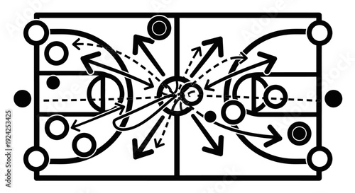Basketball strategy and offensive play diagram illustrating player movement and pass options, on an isolated white background.