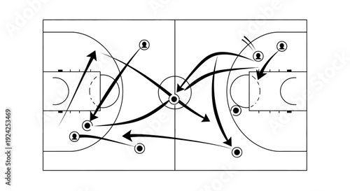 Complex Basketball Tactical Strategy Diagram with Multiple Player Movements and Lines on Isolated White Background