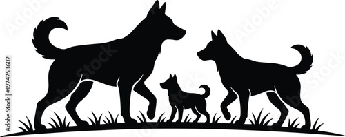 Husky Dog Family Silhouette: Professional Black and White Vector Illustration of Adult Dogs and Puppy in a Meadow for Pet Care, Breeding, and Animal Family Concept