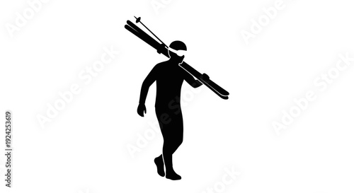 Silhouette of a Person Carrying Skis and Poles for Winter Sports on Isolated White Background