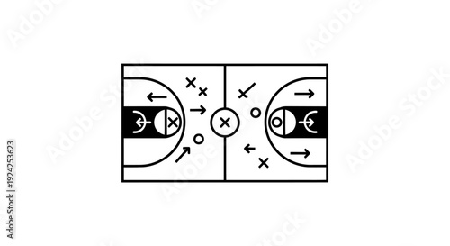 Minimalist Basketball Half-Court Diagram with Strategic Player Positions Represented by X's and O's, on White Background