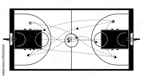 Basketball Full-Court Diagram Illustrating Ball Movement and Passing Drills with Dotted Lines, on a Darkened Court Background